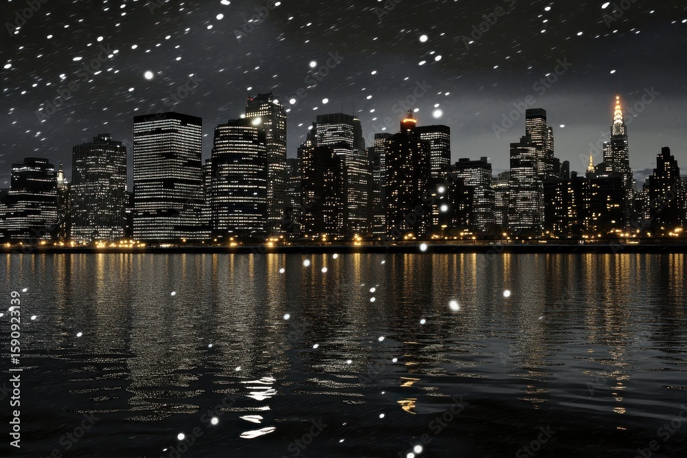 Obraz premium Illuminated city skyline reflecting on dark water during a snowfall.