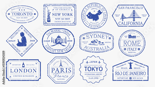 Collection of travel-themed stamps and labels. Travel stamps, travel labels, and travel tickets with various designs. Perfect for travel-themed projects. Black travel stamps, vector set.