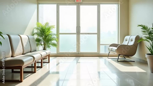 Modern Office Waiting Area Sunlit Lobby Interior Design Elegant Seating Plants Bright Spacious Room Calm Atmosphere Relaxation Tranquility