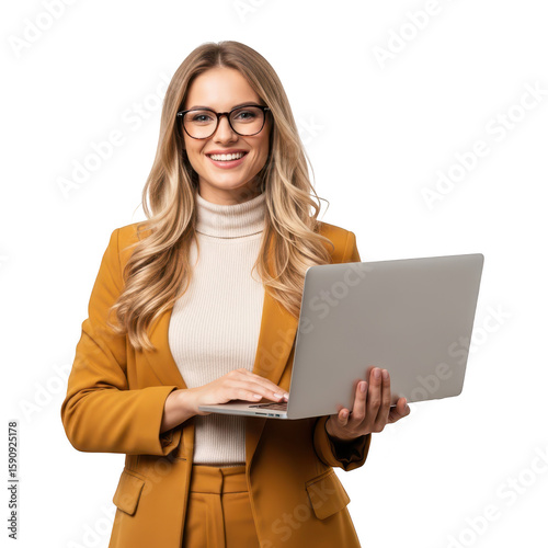 Photo of a smiling businesswoman in a mustard yellow suit and glasses holds a laptop while working, isolated on a transparent background