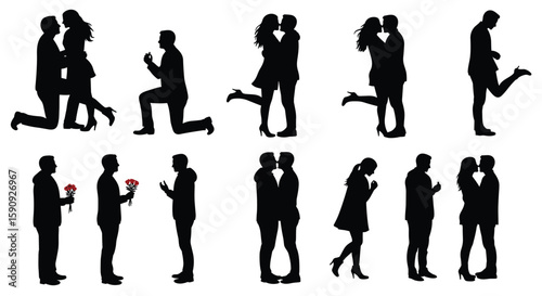 Silhouette of romantic couples kissing, hugging, giving flowers, n, love, affection, Valentine’s Day, relationship moments