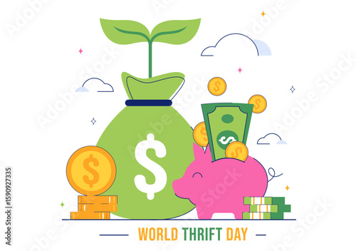 World Thrift Day Vector Illustration with a Piggy Bank and Coins, Representing Saving, Financial Literacy, and Economic Stability in a Background