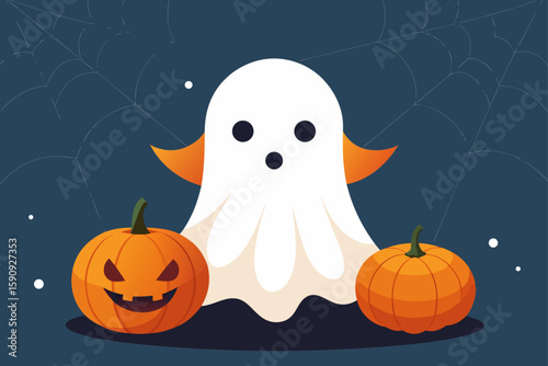 A friendly ghost playing with pumpkins vector illustration