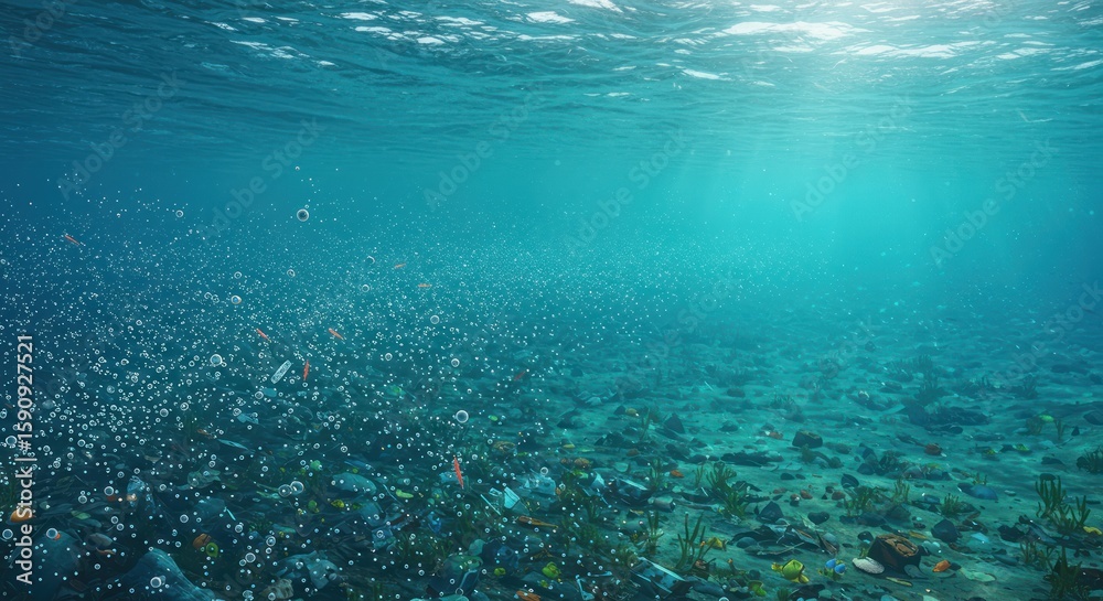 Fototapeta premium Underwater Sea Floor Scene with Pollution and Plastic Debris in Ocean