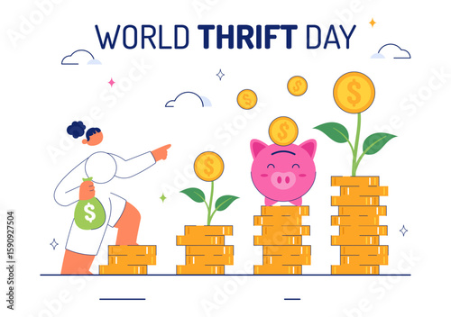 World Thrift Day Vector Illustration with a Piggy Bank and Coins, Representing Saving, Financial Literacy, and Economic Stability in a Background