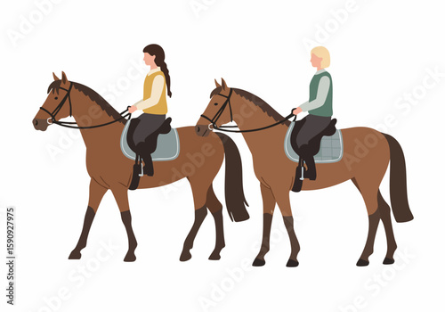 Flat vector illustration of two people riding horses, depicting equestrian sport, hobby, and leisure activity