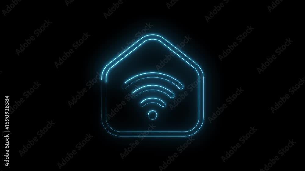 Glowing neon blue wifi symbol inside house outline isolated on black background futuristic technology