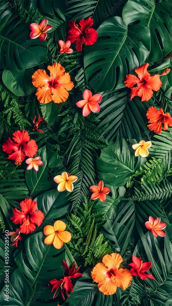 Fototapeta premium Vibrant tropical flowers and leaves