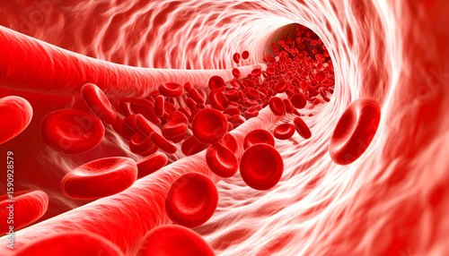 Microscopic View of Red Blood Cells Flowing Through Blood Vessel