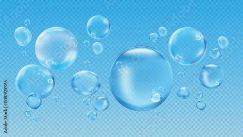 Set of transparent water droplets. Water droplets with reflections. Clear, round droplets. Water droplets isolated on white background. Soap bubble element vector set.