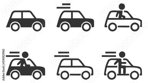 Varied Car Icons Depicting Transportation Methods and Concepts Such as Speed, Delivery, Ride Sharing, and Autonomous Vehicles with Drivers or Cargo