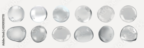 Set of transparent water droplets. Water droplets with reflections. Clear, round droplets. Water droplets isolated on white background. Soap bubble element vector set.