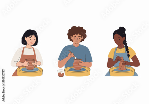Diverse group of people enjoying pottery, shaping clay vessels on pottery wheels, illustrating creativity, craft, and art in a studio setting.