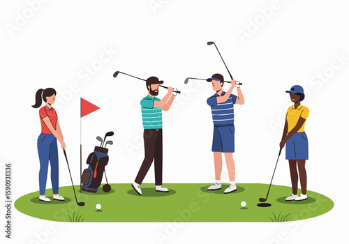 Diverse group of golfers practicing and playing on a golf course, featuring men and women enjoying the sport with clubs and balls.