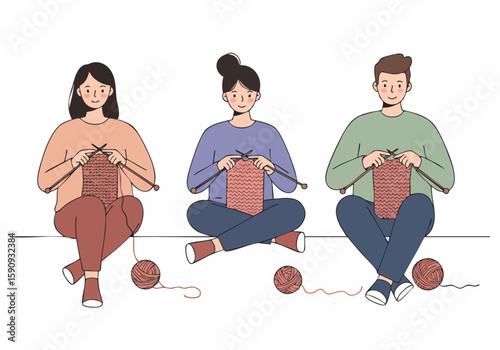 Diverse Group of People Enjoying the Relaxing Hobby of Knitting Together, Engaging in Creative Craft and Community