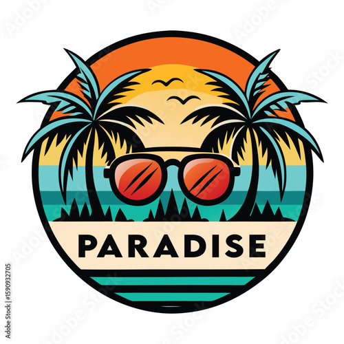 Tropical paradise island vacation design with palm trees, sun, and sea for your summer beach holiday.