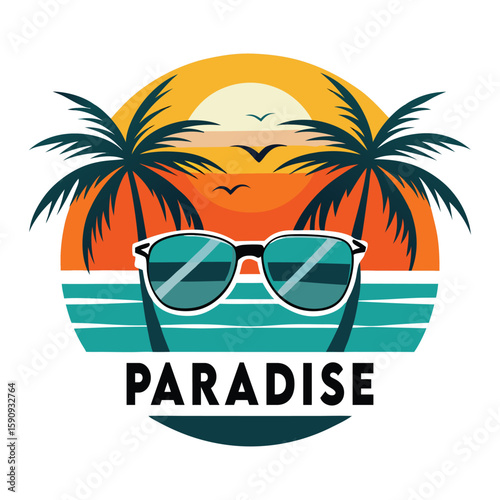 Tropical paradise island vacation design with palm trees, sun, and sea for your summer beach holiday.