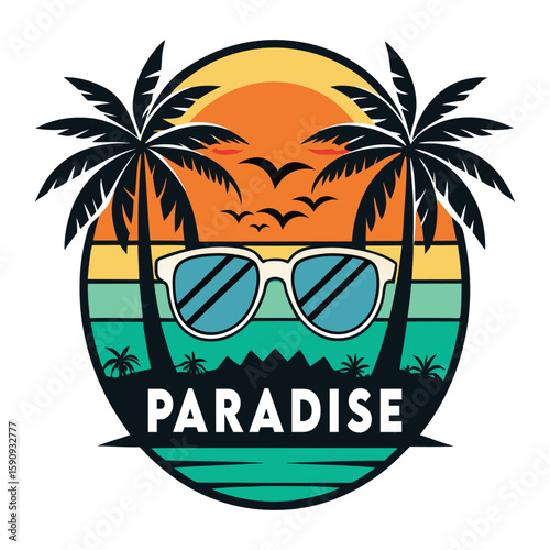 paradise logo with sunglasses and palm trees.