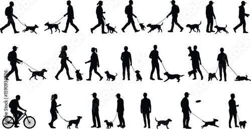 Silhouettes of people walking dogs, playing, cycling, enjoying outdoor activities,, pet companionship, exercise, lifestyle