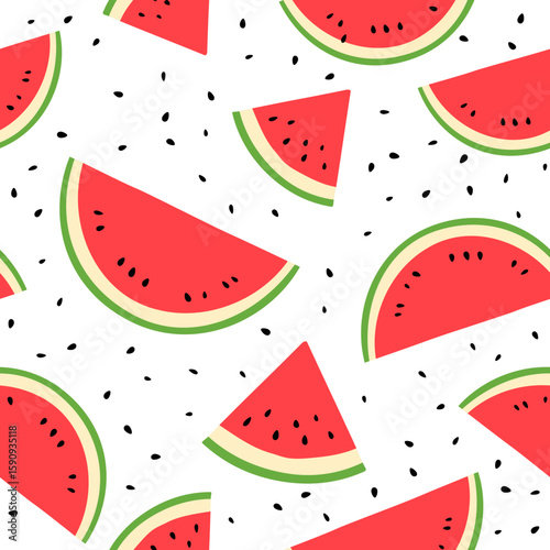 Watermelons slices and seeds seamless pattern summer background.