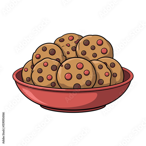 Chocolate chip cookies in a red bowl chocolate chips