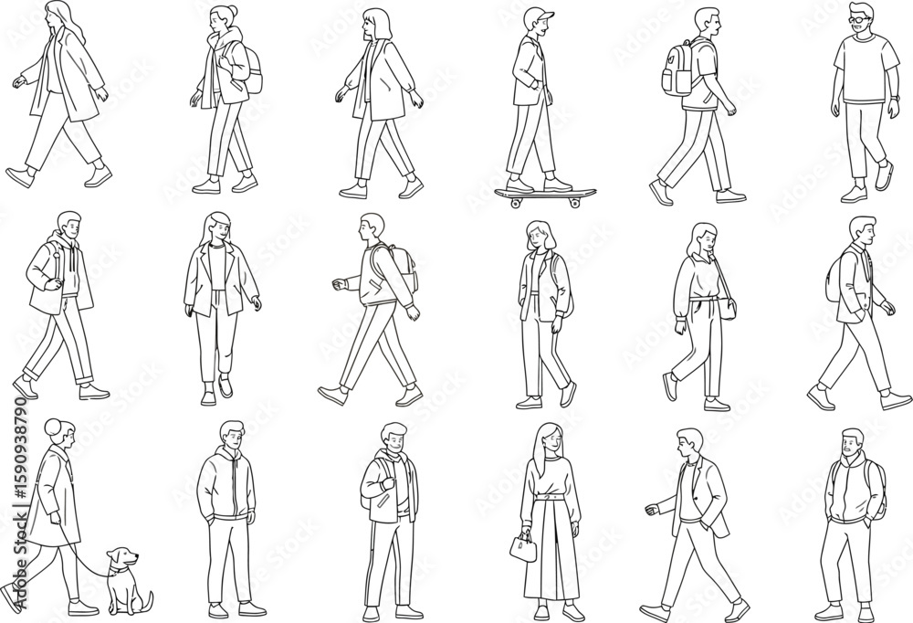 Fototapeta premium Line Art Illustration of People Walking Standing and Skateboarding on White Background