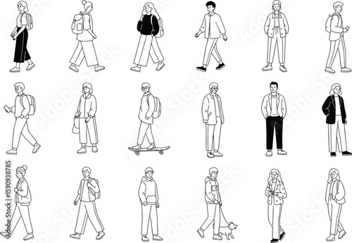 Line art illustration of diverse people walking and standing in various poses