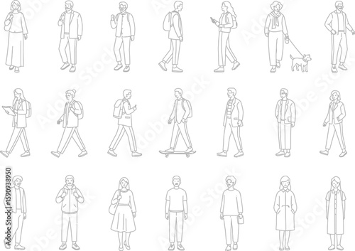 Line art illustration of diverse people walking standing and engaging in activities