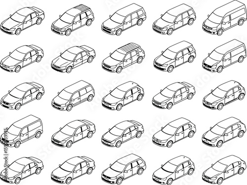 Isometric Car Line Art Seamless Pattern on White Background for Design