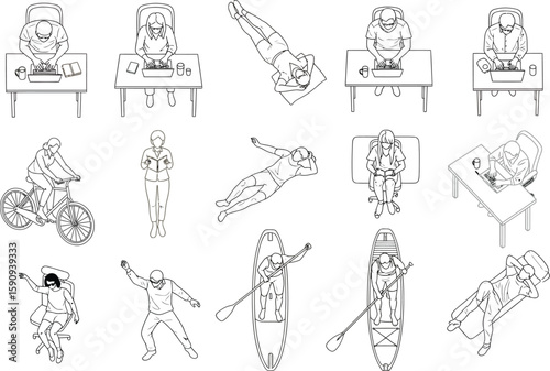 Seamless pattern of people working relaxing and exercising in various activities