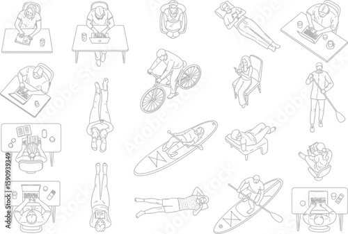 Isometric People Doing Different Activities Seamless Pattern in Black and White