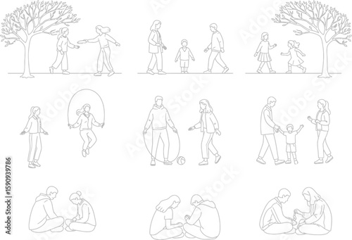 Line Art Illustration of People Engaging in Various Outdoor Activities