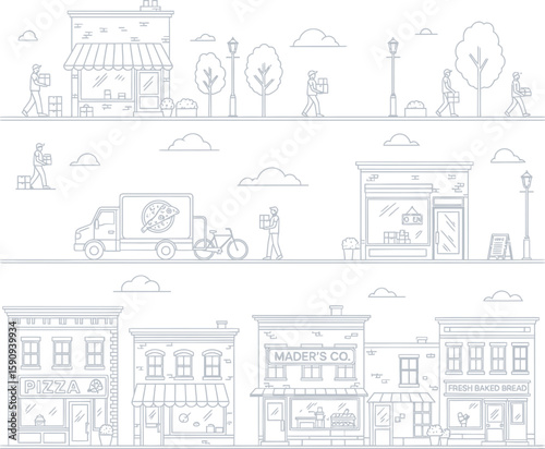 Line art illustration of a bustling city street with delivery services