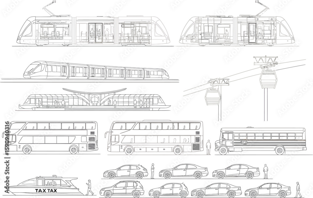 Obraz premium Outline Illustration of Various Transportation Vehicles Including Trains Buses Cars and Boats