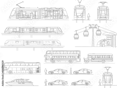 City Transportation Line Art Collection Buses Trains Cars and Cable Cars
