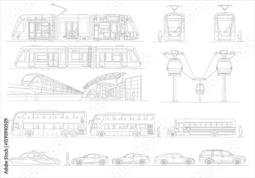 Public Transportation and Vehicles Line Art Illustration with Scale Figures and Buildings