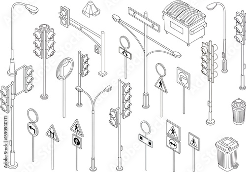 Isometric City Elements Seamless Pattern with Street Signs and Traffic Lights