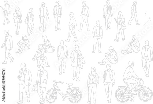 Line Drawing of People in Various Poses and Activities on White Background