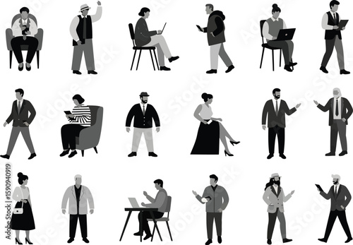 Monochrome vector illustration of diverse people in various poses and activities