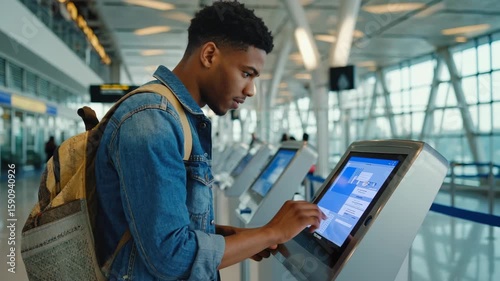 African American man male traveler efficiently uses a selfservice kiosk at the airport checkin to obtain flight boarding passes and travel information, enhancing their experience in a sleek terminal