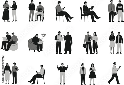 Monochrome People Pattern Diverse Professions and Activities Seamless Vector Background