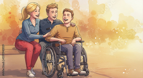 Friends supporting disabled man in wheelchair outdoors with joy. disabled man laughing with friends  