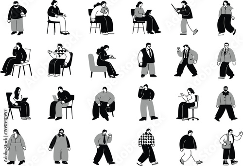 Monochrome Vector Illustration of People in Various Poses and Activities Pattern