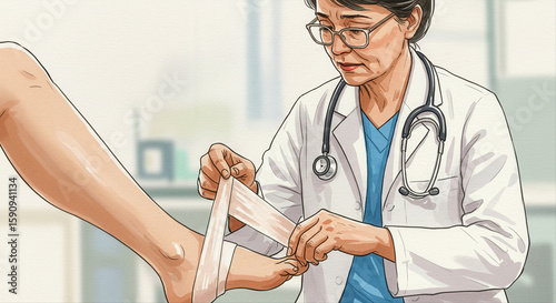 doctor wrapping ankle with bandage. Doctor bandaging patient's foot in a medical clinic environment  