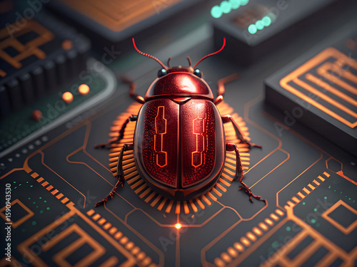 Cybernetic beetle with glowing circuit board patterns and red antennae ai generated