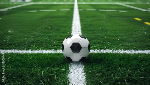 Traditional black and white soccer ball placed on green grass football field