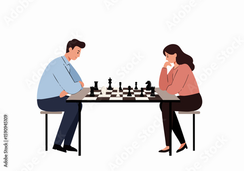 Man and woman deeply focused on a strategic game of chess, an illustration depicting intellectual challenge and thoughtful engagement.
