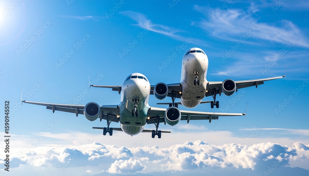 Naklejka premium Two modern jet airliners in a landing approach against a vibrant blue sky