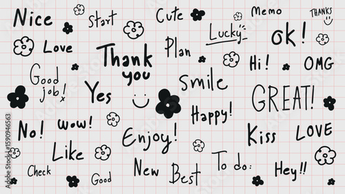 Doodles with words like 'Thank you', 'Love', 'Great', 'Enjoy', 'Smile'. Cute, playful doodles. Positive, happy vibes. Fun doodles, cheerful words, playful style. Doodle and hand drawn words, vectors.