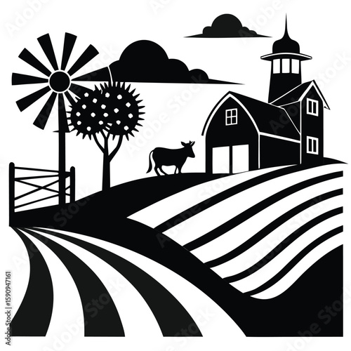 A picturesque morning farm landscape with a barn and a cozy country house under a vast sky